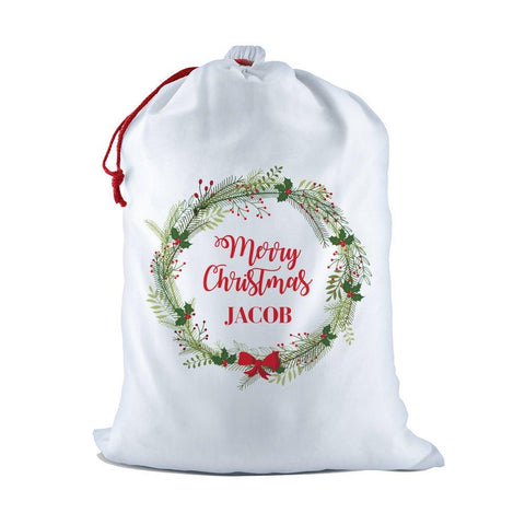 Merry Christmas Wreath White Santa Sack